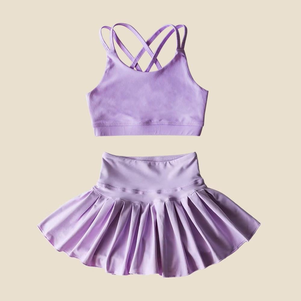 Lavender crop top high waist skirt kids girls activewear set