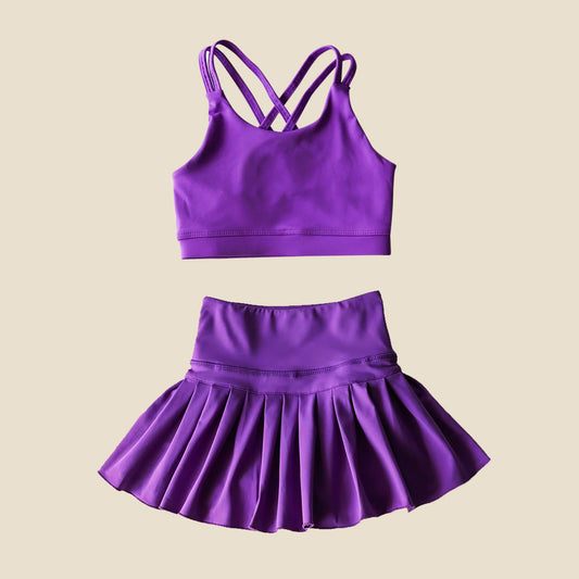 Purple crop top high waist skirt kids girls activewear set