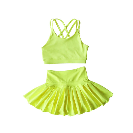 Lime green crop top high waist skirt kids girls activewear set