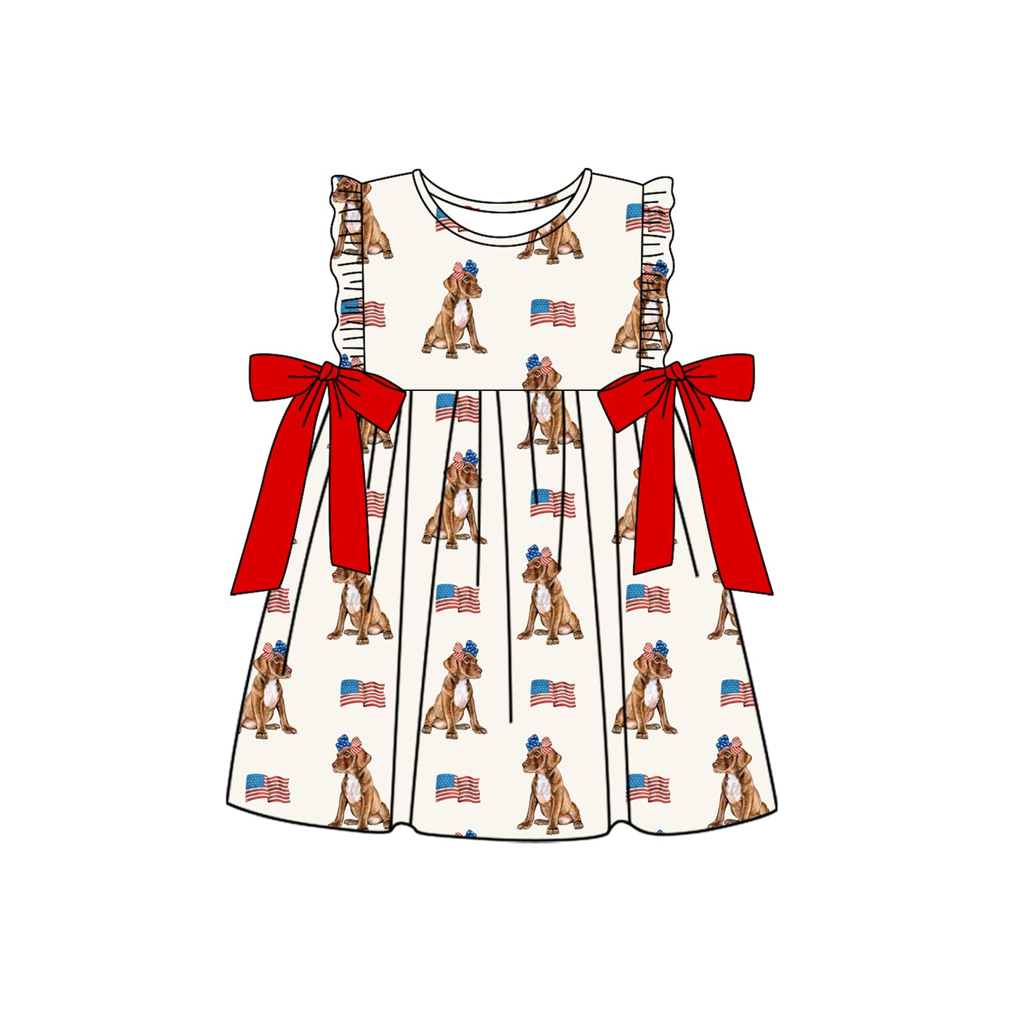 Ruffle dog flag bow baby girls 4th of july dresses