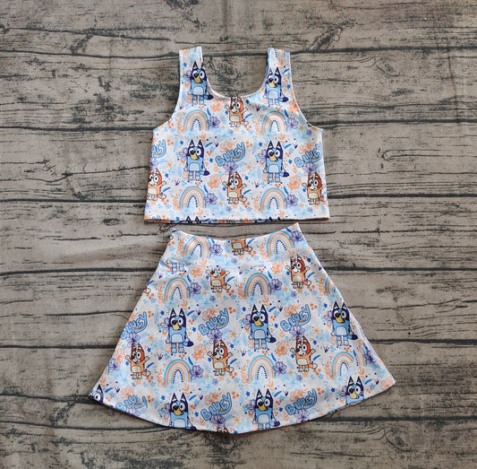 Rainbow floral dogs top skirt girls activewear set