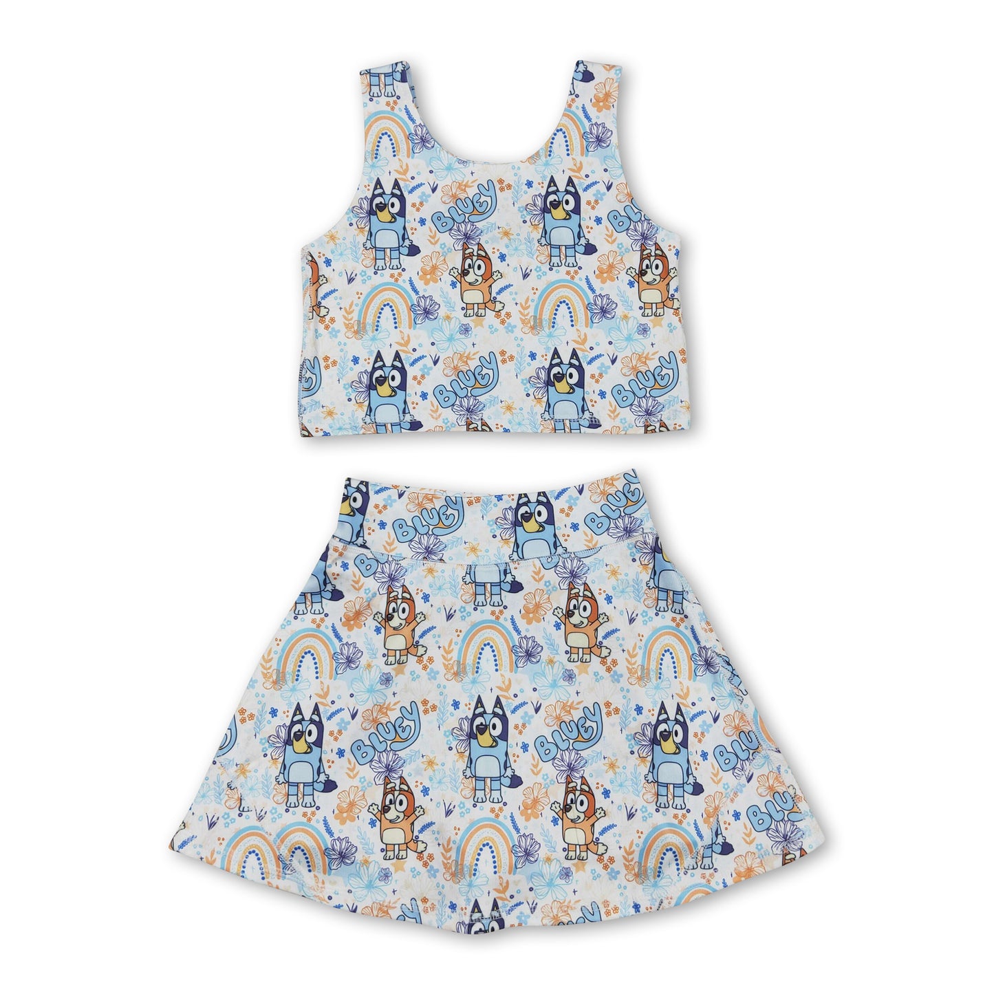 Rainbow floral dogs top skirt girls activewear set