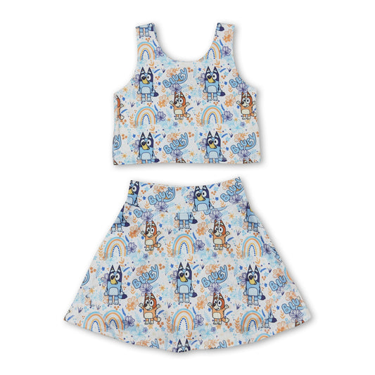 Rainbow floral dogs top skirt girls activewear set