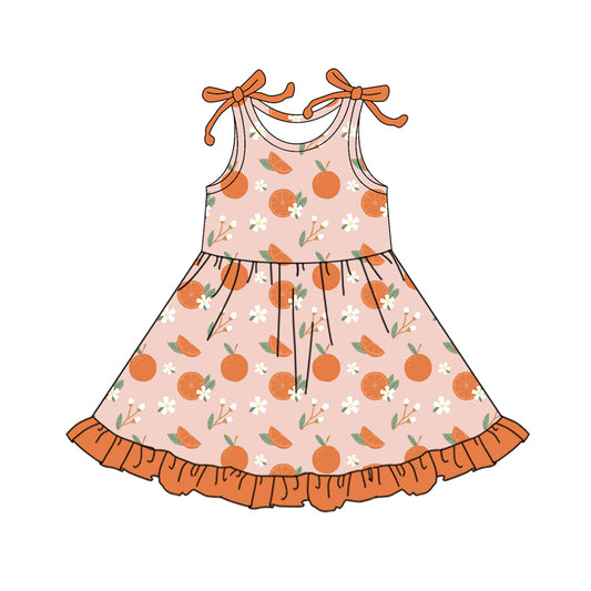 Sleeveless orange floral ruffle kids girls dresses