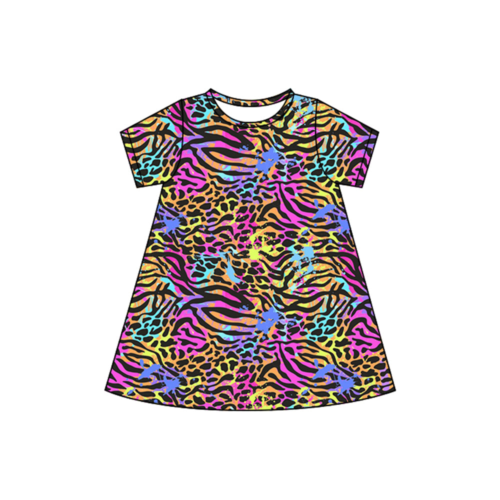 Short sleeves colorful tiger print kids girls dresses