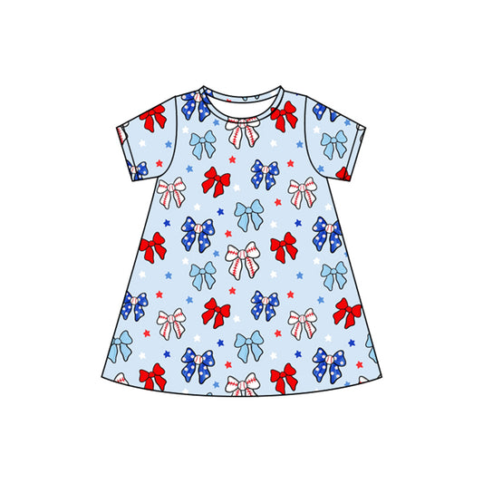 Short sleeves baseball bow kids girls 4th of july dress
