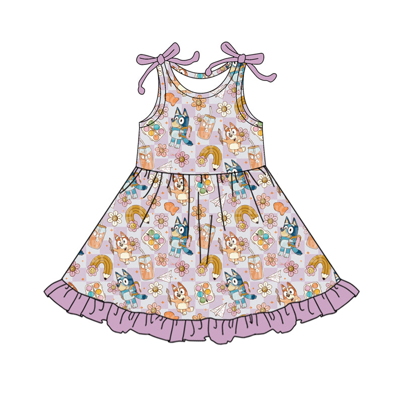 Sleeveless plaid floral dog pencil girls back to school dress