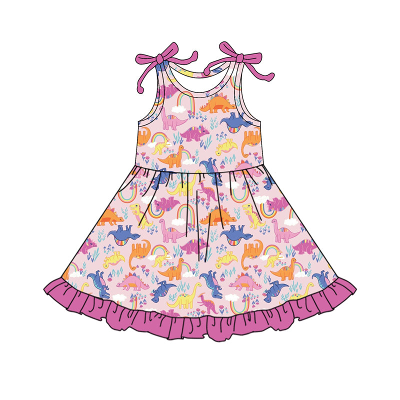 Sleeveless pink ruffle dinosaur kids girls summer dresses