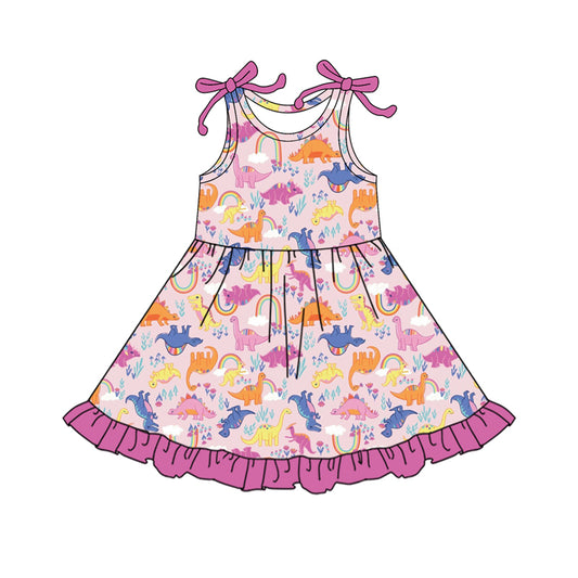 Sleeveless pink ruffle dinosaur kids girls summer dresses