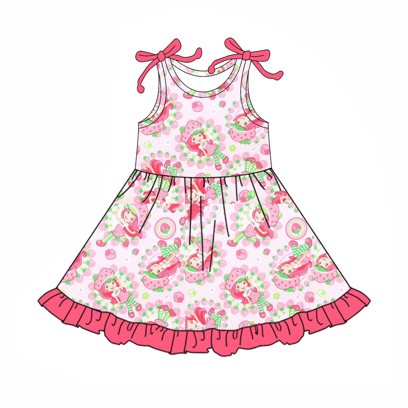 Sleeveless pink ruffle strawberry kids girls summer dresses