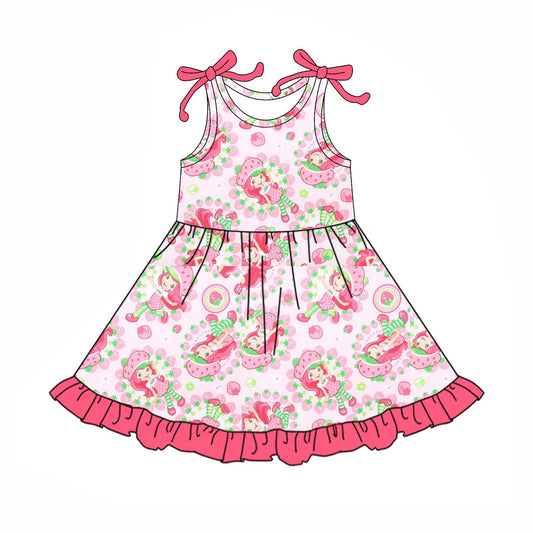 Sleeveless pink ruffle strawberry kids girls summer dresses