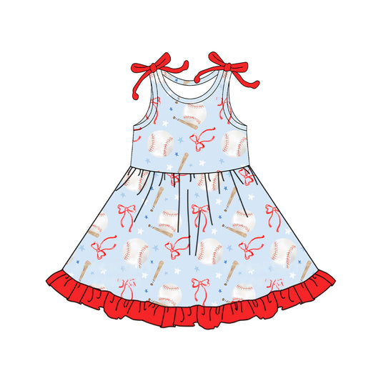 Sleeveless baseball bow ruffle kids girls dresses