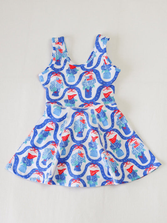 Sleeveless flag floral bow girls 4th of july athletic dress