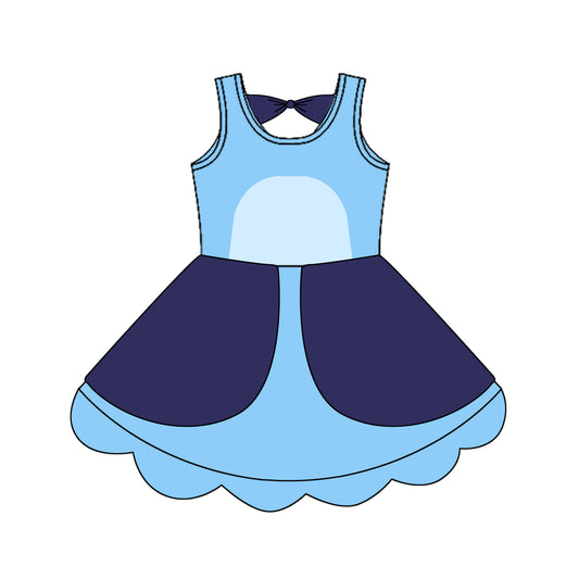 Sleeveless blue dog bow kids girls summer dress