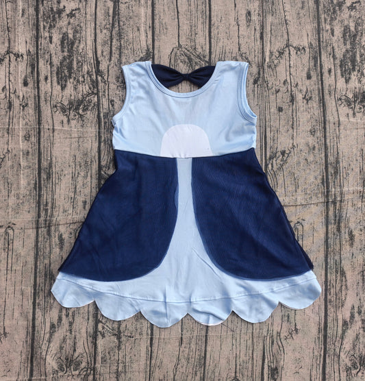 Sleeveless blue dog bow kids girls summer dress