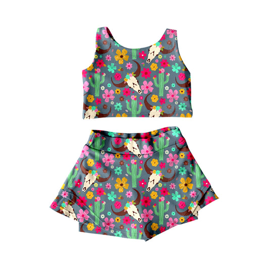 Cactus floral bull skull western girls activewear set
