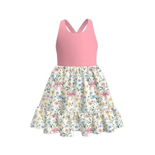 Pink straps floral bow baby girls summer dresses