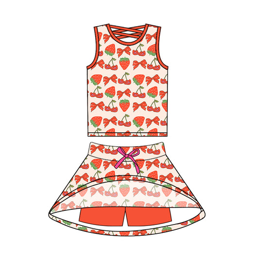 Sleeveless strawberry bow top skirt girls summer outfits