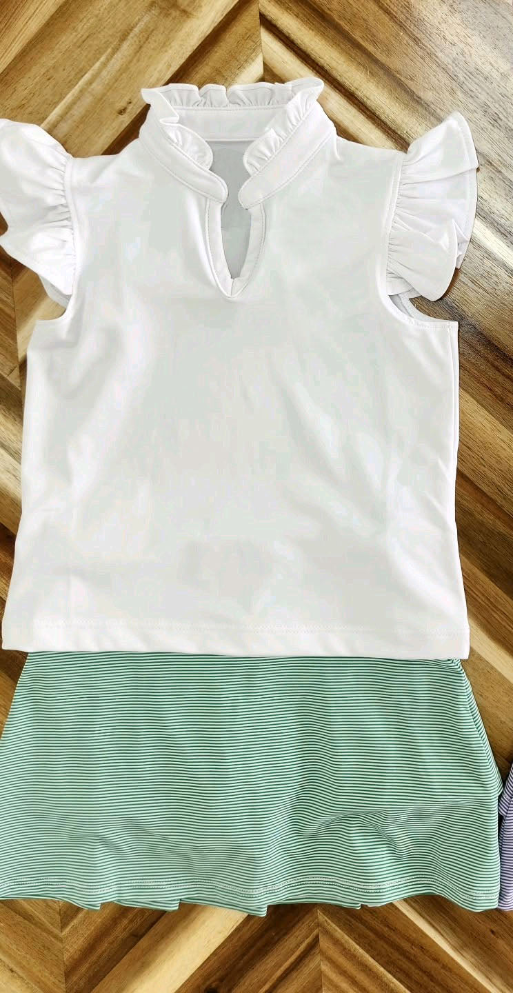Flutter sleeves white cotton top green stripe skirt girls clothes