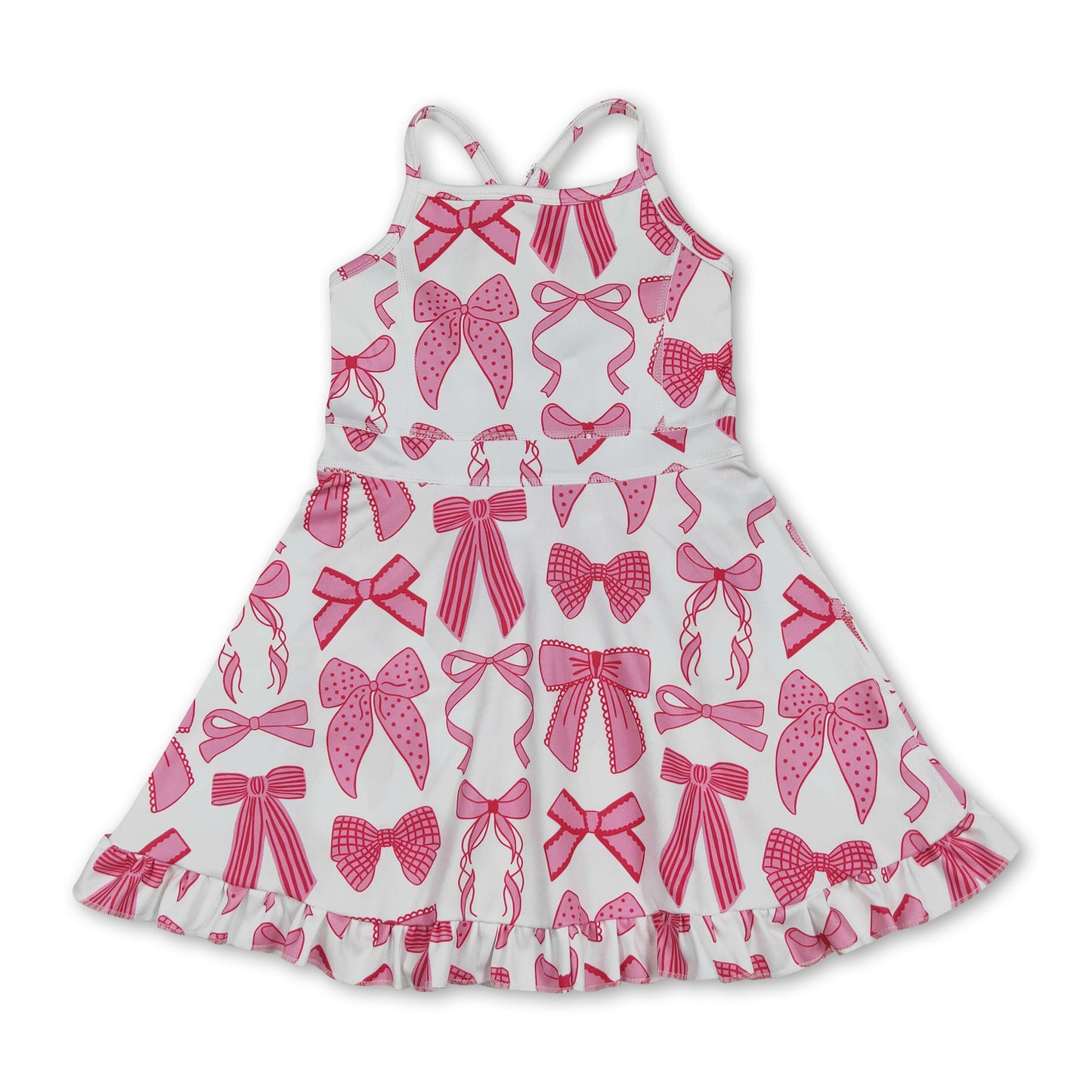 Straps pink bow ruffle girls summer athletic dresses