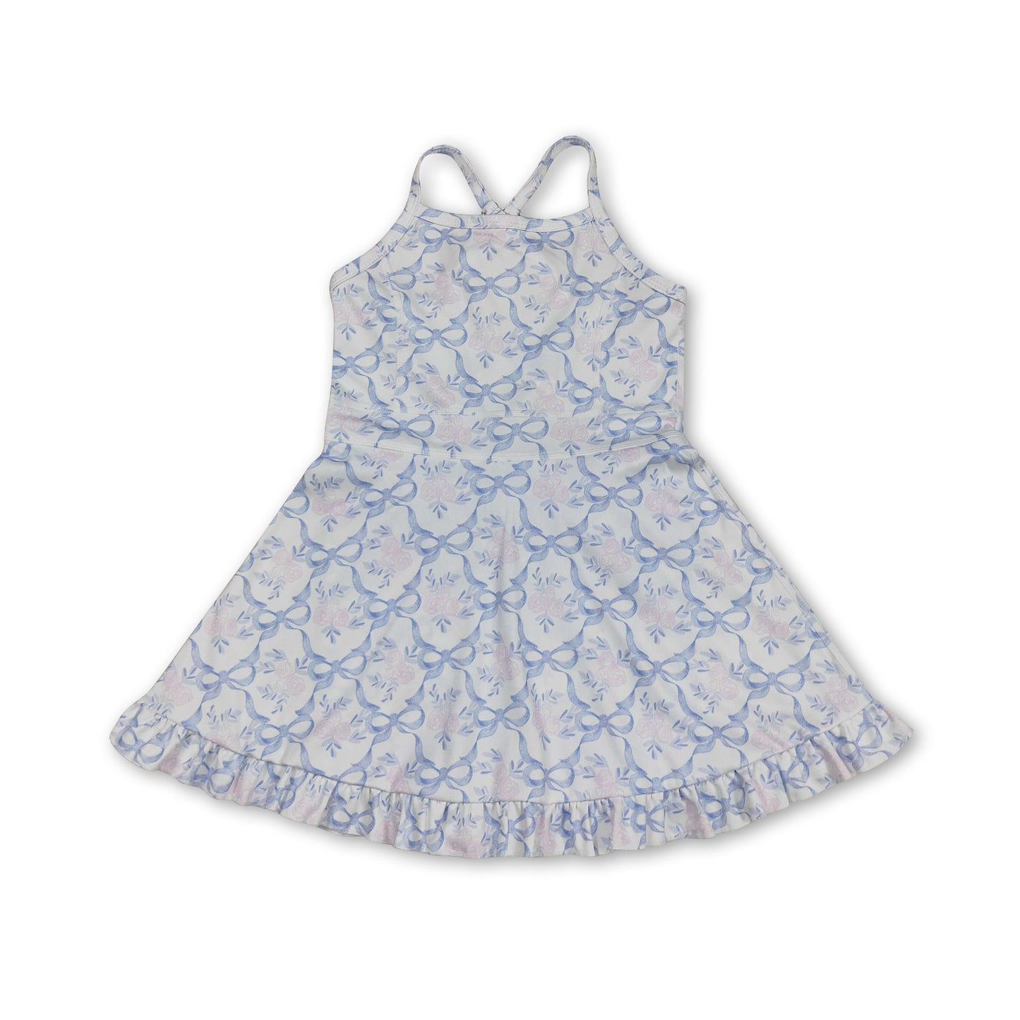 Straps pink floral bow ruffle kids girls athletic dress