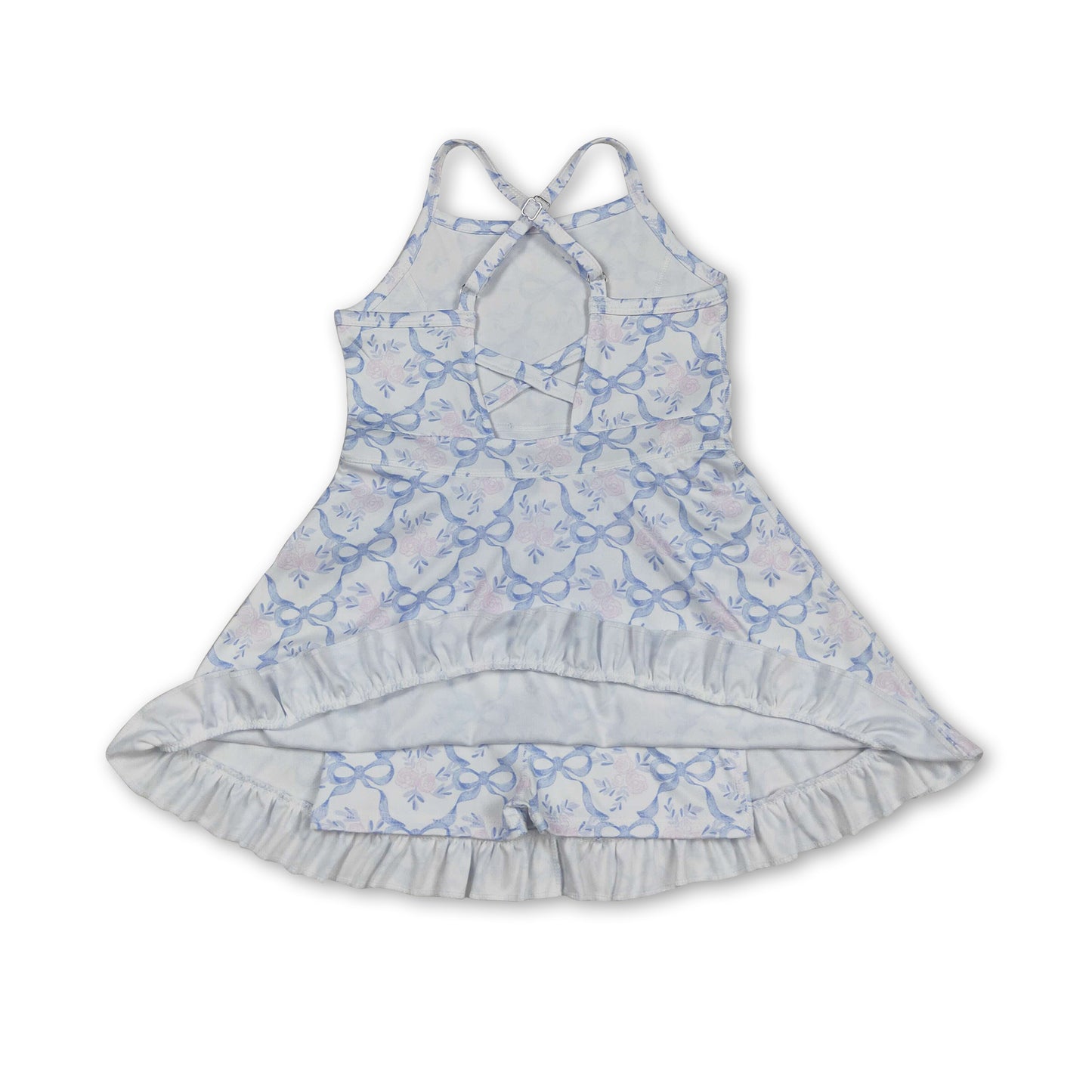 Straps pink floral bow ruffle kids girls athletic dress