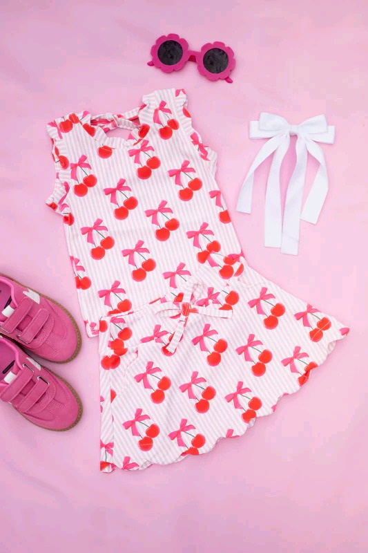 Sleeveless stripe bow cherry top skirt girls clothing