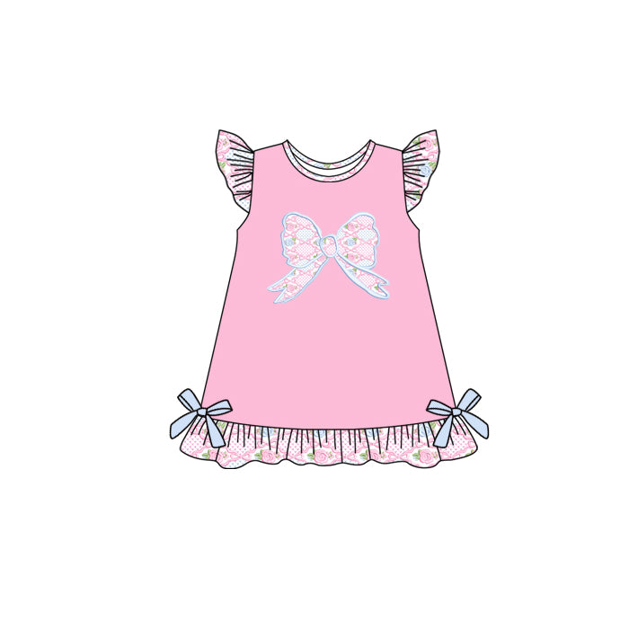 Flutter sleeves pink floral bow kids girls dresses