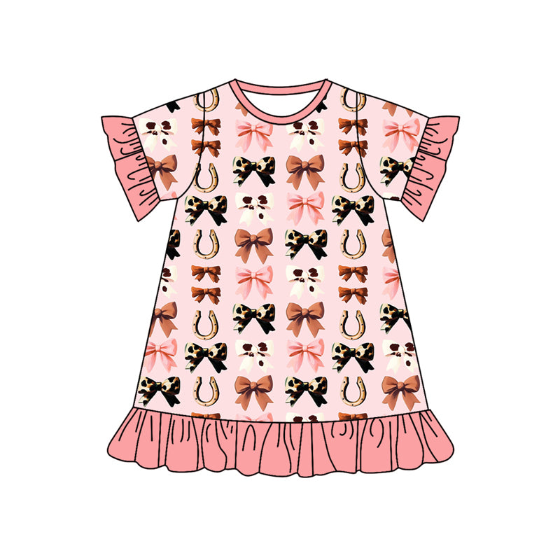 Pink ruffle cow print bow western kids girls dresses