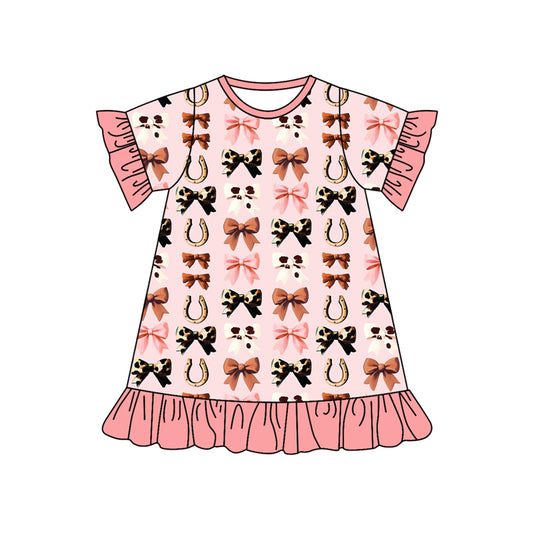 Pink ruffle cow print bow western kids girls dresses