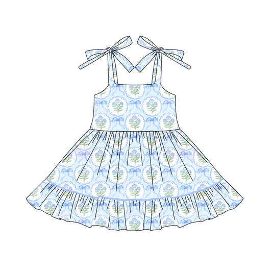 Straps blue bow floral ruffle kids girls dresses