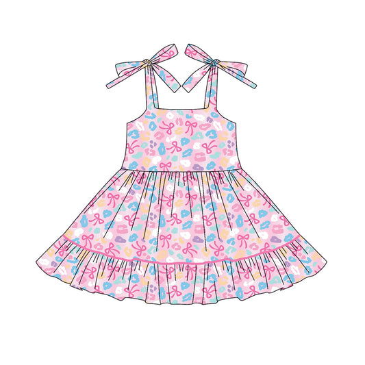 Pink straps leopard bow kids girls ruffle dresses