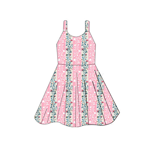 Straps pink floral kids girls summer dresses