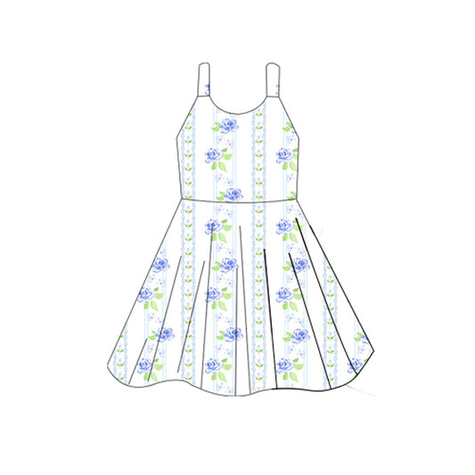 Straps blue floral toddler girls summer dresses