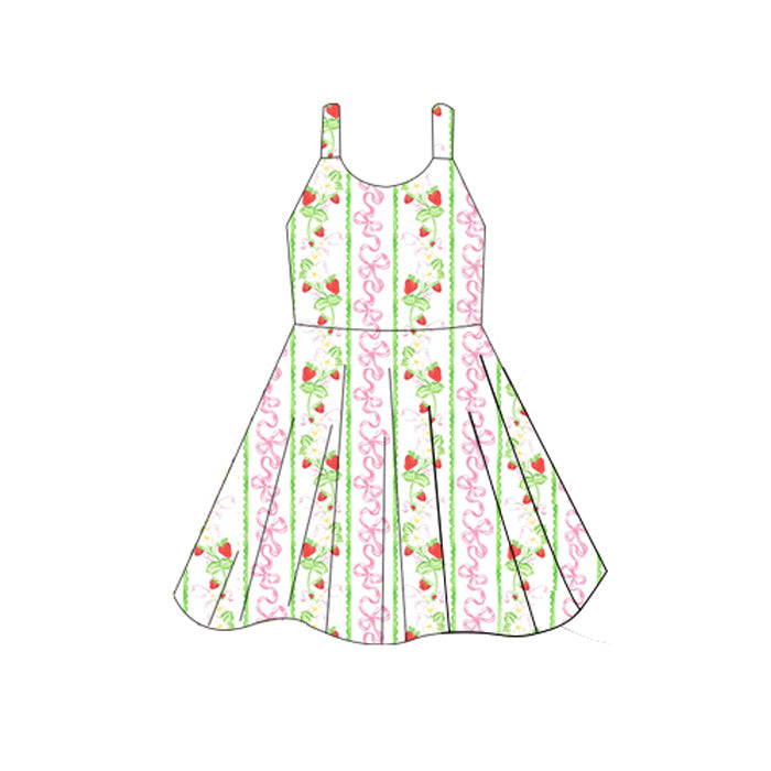 Straps pink bow strawberry baby girls summer dress