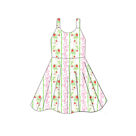 Straps pink bow strawberry baby girls summer dress