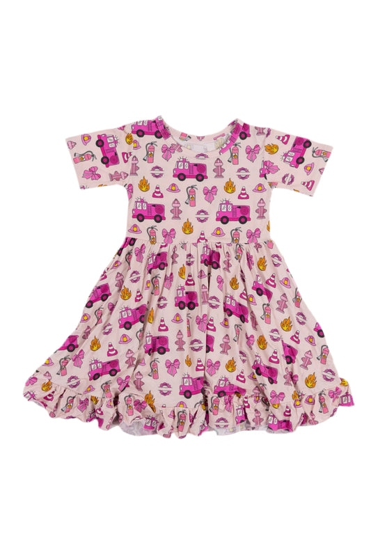 Short sleeves pink bow fire truck kids girls dresses