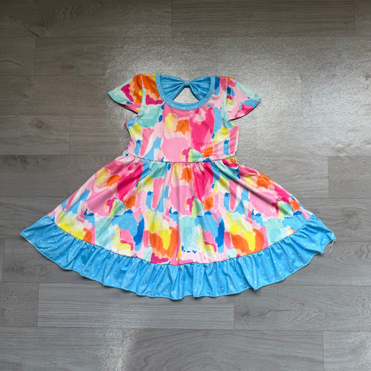 Short sleeves tie dye polka dots ruffle girls dresses