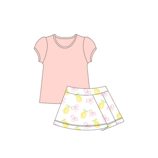 Short sleeves top lemon bow skirt girls activewear set