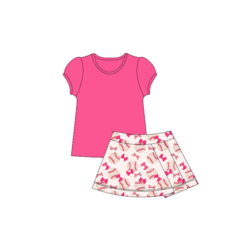 Hot pink top baseball bows skirt girls activewear set