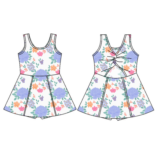Sleeveless light blue floral kids girls athletic dresses