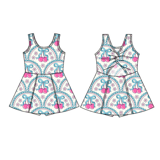 Sleeveless cherry bow floral kids girls athletic dresses