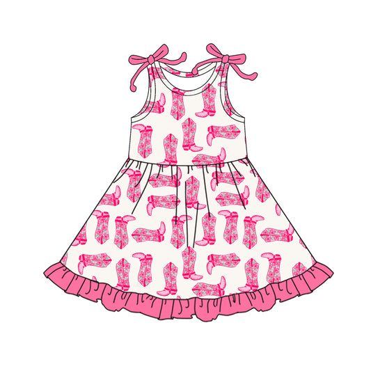 Sleeveless floral boots ruffle western girls dresses