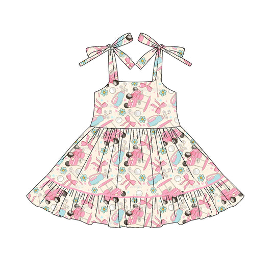 Straps pink bow golf ruffle kids girls dresses