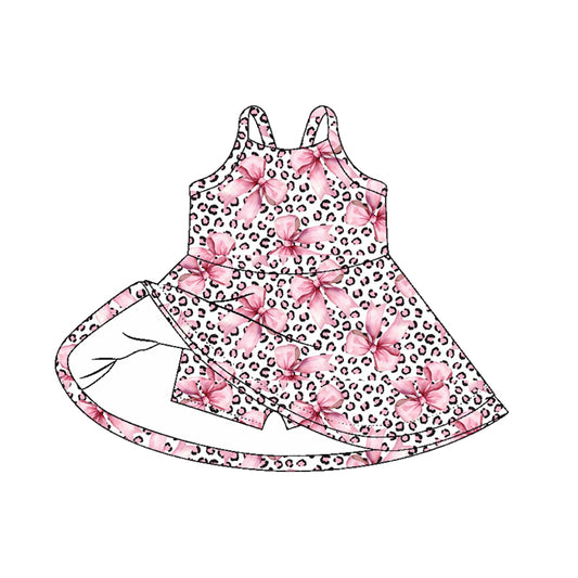 Straps pink bow leopard kids girls athletic dress