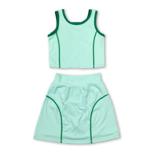 Sleeveless light green top high waist skirt girls activewear set