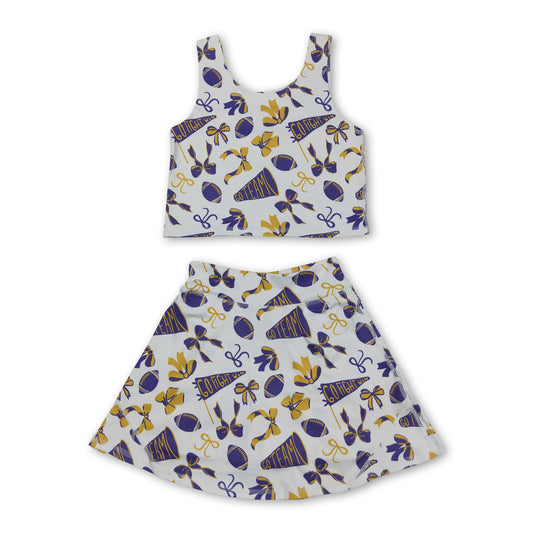 Yellow purple bow football top skirt girls activewear team set