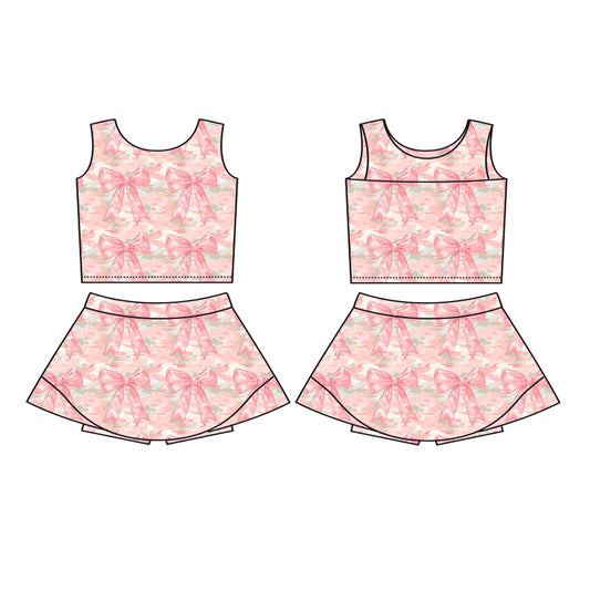 Sleeveless bow top skirt girls summer activewear set