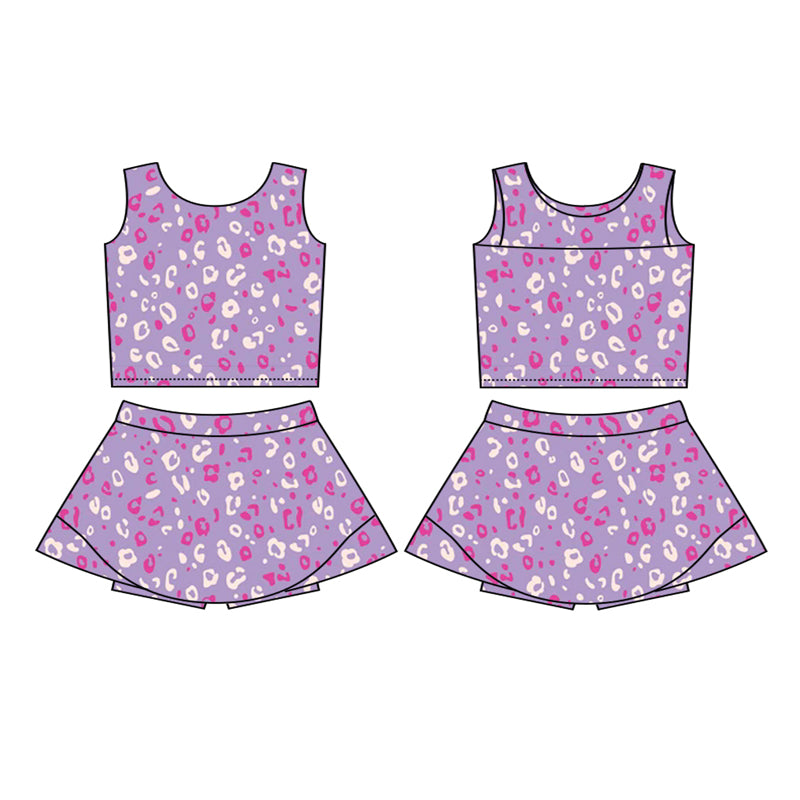 Sleeveless purple leopard top skirt girls summer activewear set