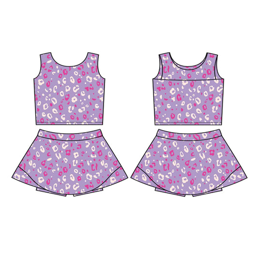 Sleeveless purple leopard top skirt girls summer activewear set